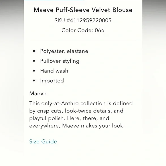 Anthropologie NWT Maeve Puff-Sleeve Velvet Blouse size XS. - Picture 5 of 16